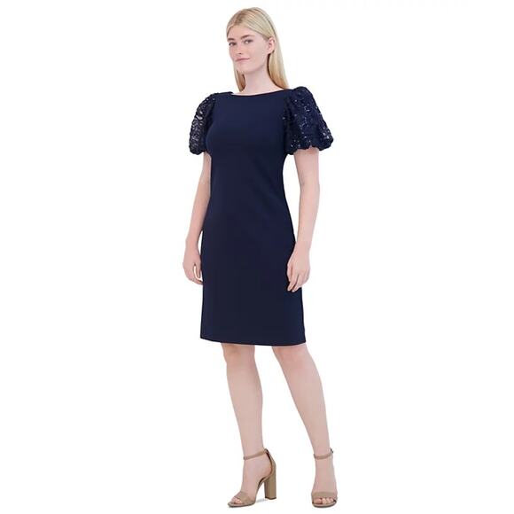 Eliza J Women's Sequined Puff-Sleeve Boat-Neck Dress Navy 14 - Picture 3 of 3